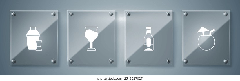 Set Coconut cocktail, Beer bottle, Wine glass and Cocktail shaker. Square glass panels. Vector