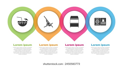 Set Coconut cocktail, Sunbed, Street stall with awning and Passport. Business infographic template. Vector