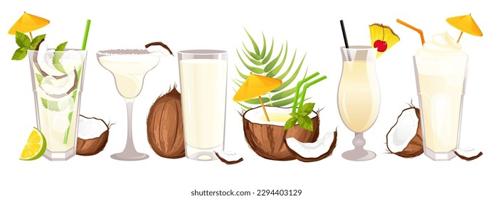 A set of coconut cocktails.Summer, tropical drinks.Coconut milk, milkshake, mojito, pina colada.Vector illustration.