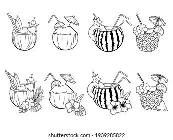 Set Of Coconut Coctail. Collection Of Tropical Cocktails With Flowers. Exotic Drink With Bar Umbrella. Vector Illustration Isolated On White Background.