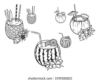 Set of coconut coctail. Collection of tropical cocktails with flowers. Exotic drink with bar umbrella. Vector illustration isolated on white background.