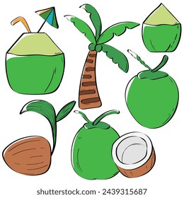 set of coconut doodle. coconut tree, coconut shoots. simple hand drawn cute flat colorful vector background illustrations