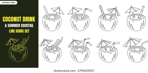 A set of coconut drink line art icons featuring tropical fruit and small umbrellas, presented as a distinctive silhouette style.