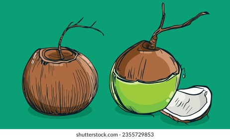 Set of Coconut fruit, Vector illustration in one line sketch style, flat hand drawn sketch, Colorful fruit with shadow and light, isolated on colored background.