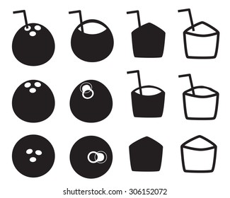 Set Of Coconut Icon In Thailand Style. Smoked Coconut Ball With Pull Tab And Tube. Vector Illustration.