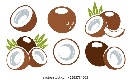 Set of coconut icons isolated on white background. Cartoon style. Vector illustration