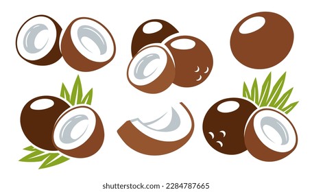 Set of coconut icons isolated on white background. Cartoon style. Vector illustration