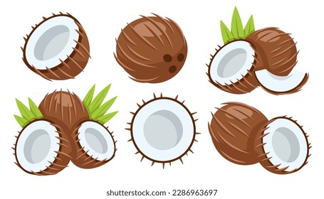 Set of coconut icons isolated on white background. Cartoon style. Vector illustration