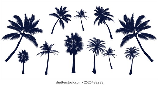 A set of coconut and palm tree silhouettes with various designs. Perfect for tropical-themed projects, beach illustrations, or nature-inspired designs, adding an exotic and relaxing atmosphere.