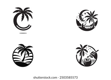 set of coconut silhouette vector art, logo, icon design black and white 