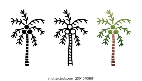 Set of Coconut tree cartoon doodle, Vector, Illustration.