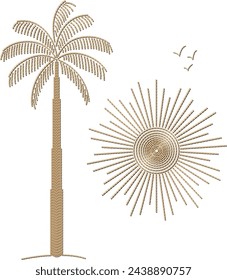Set of coconut tree, sun and birds in canutilho embroidery shine. Tropical sequins. Lantejoula, brilho. For textile printing, fashion, design, fabric etc. Isolated vector. svg
