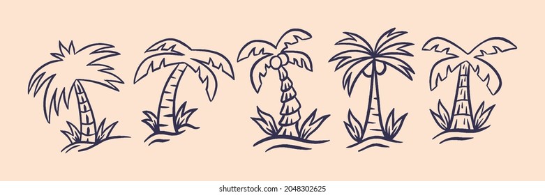 Set of Coconut Tree in Tropical Place with Retro Style Illustration