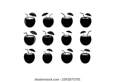 Set of Coconut Tropical Drink Silhouettes with Straw and Umbrella – Vector Illustration

