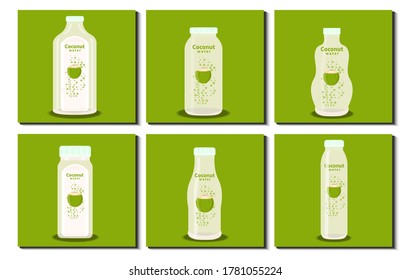 Set of coconut water bottle. Different coconut fruit pattern, stripe, icon etc. Flat Design Vector Illustration.