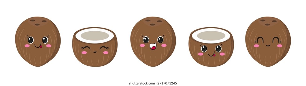 Definir caricatura personagem coco, olhos bonitos, rosto sorridente, emoções feliz ícone ilustração vetorial.