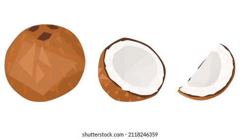 set of coconuts isolated on white background. whole coconut, half, slice of coconut.  cocoanut. coco. cokernut. tropical fruits. geometric style. flat vector.