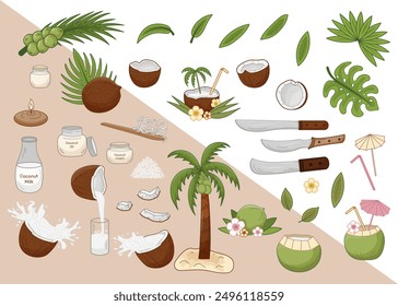 Set coconuts vector illustrations theme coconut production. Half coconut, slice, palm leaves, machete, coconut oil, milk, cream, coconut flakes, aroma candle, cocktail umbrella, straw. Summer fruits.