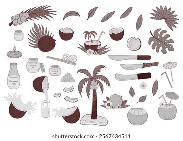 Set coconuts vector illustrations theme coconut production. Half coconut, slice, palm leaves, machete, coconut oil, milk, cream, coconut flakes. Available in greyscale, sepia and black and white.