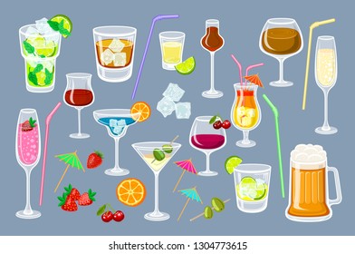 Set of coctails. classic Alcoholic drinks isolated on grey background glass of champagne, margarita, brandy, whiskey with ice, cocktail, wine, vodka, tequila and cognac. Vector illustration art