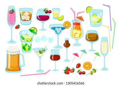 Set of coctails. classic Alcoholic drinks isolated on white background glass of champagne, margarita, brandy, whiskey with ice, cocktail, wine, vodka, tequila and cognac. Vector illustration art