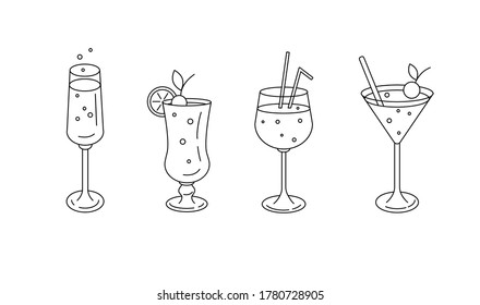 Set von Coctails im Konturstil. Getränke und Bar Konzept. Flache Vektorgrafik.