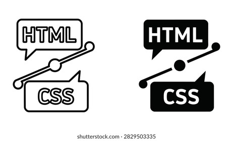 A set of coding language icons representing HTML and CSS depicted as speech bubbles connected by a line. These professional vector graphics are ideal for web development programming tutorials or tech-related UI design.