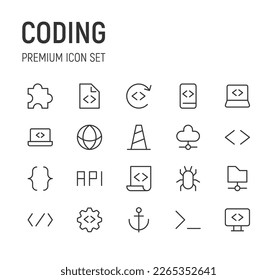 Set of coding line icons. Premium pack of signs in trendy style. Pixel perfect objects for UI, apps and web.