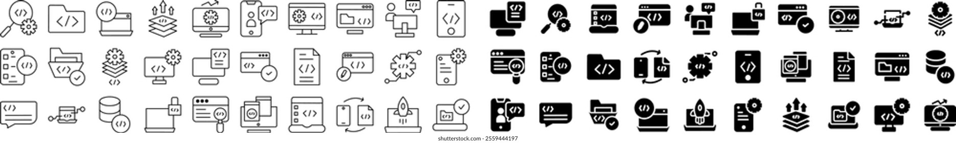 Set of coding and programming icons featuring symbols for software development, data management, web design, and technology. Solid and outline styles, ideal for tech and digital projects.