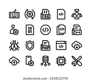 El conjunto de iconos de programación y codificación con estilo de línea, se puede utilizar para cualquier propósito, como el diseño de sitios web o aplicaciones.