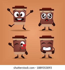 Set of coffe cup cartoon character. Cute coffee paper cup expression. Illustration vector