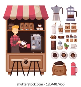 Set of coffe products, coffee items, coffee shop elements and coffee showcase. Illustration for a coffee house or cafe.