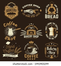 Set of Coffe shop and Bakery shoplogo, badge template. Vector. Design with dough, wheat ears, old oven, coffee cup silhouette. Template for menu for restaurant, cafe, bar, identity