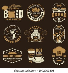Set of Coffe shop and Bakery shoplogo, badge template. Vector. Design with dough, wheat ears, old oven, coffee cup silhouette. Template for menu for restaurant, cafe, bar, identity