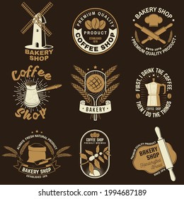 Set of Coffe shop and Bakery shoplogo, badge template. Vector. Design with dough, wheat ears, old oven, coffee cup silhouette. Template for menu for restaurant, cafe, bar, identity