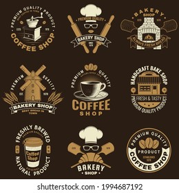Set of Coffe shop and Bakery shoplogo, badge template. Vector. Design with dough, wheat ears, old oven, coffee cup silhouette. Template for menu for restaurant, cafe, bar, identity