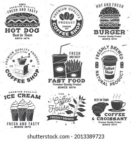 Set of Coffe shop and fast food retro badge template. Vector Typography design with paper coffee cup, branch of coffee tree, hotdog, burger silhouette. Template for menu for restaurant, cafe, bar