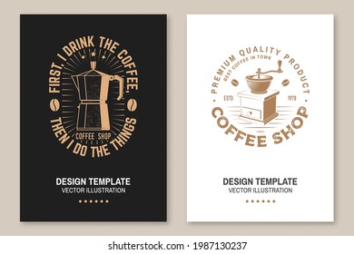 Set of Coffe shop logo, badge template. Vector. Flyer, brochure, banner, poster design with coffee grinder silhouette. Template for menu for restaurant, cafe, bar, packaging