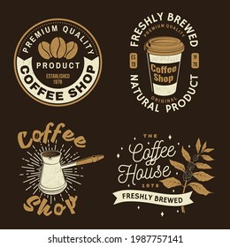 Set of Coffe shop logo, badge template. Vector . Typography design with coffee grinder silhouette. Template for menu for restaurant, cafe, bar, packaging