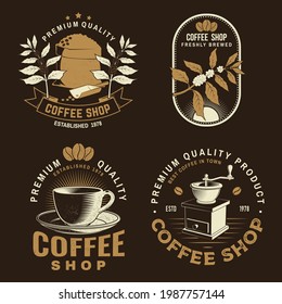 Set of Coffe shop logo, badge template. Vector . Typography design with coffee grinder silhouette. Template for menu for restaurant, cafe, bar, packaging