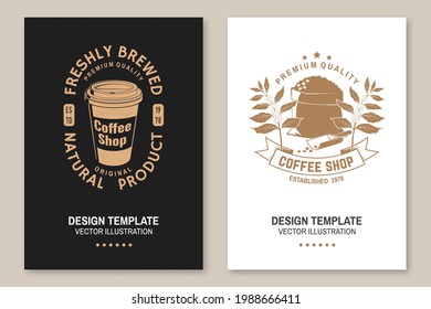 Set of Coffe shop logo, badge template Vector Flyer, brochure, banner, poster design with paper coffee cup and bag with coffee beans silhouette. Template for menu for restaurant, cafe, bar, packaging