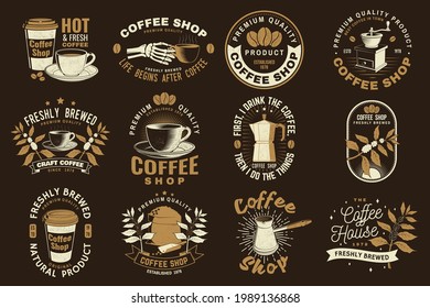 Set of Coffe shop logo, badge template. Vector. Typography design with paper coffee cup and branch of coffee tree, skeleton hand silhouette. Template for menu for restaurant, cafe, bar, packaging