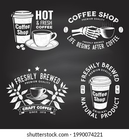 Set of Coffe shop logo, badge template on the chalkboard. Vector Typography design with paper coffee cup and branch of coffee tree, skeleton hand silhouette. Template for menu for restaurant, cafe