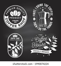 Set of Coffe shop logo, badge template on the chalkboard. Vector. Typography design with coffee maker and branch of coffee tree silhouette. Template for menu for restaurant, cafe