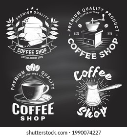 Set of Coffe shop logo, badge template on the chalkboard. Vector. Typography design with coffee grinder and coffee maker silhouette. Template for menu for restaurant, cafe, bar, packaging