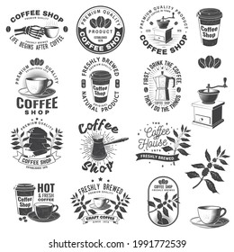 Set of Coffe shop logo, badge template. Vector Typography design with paper coffee cup and branch of coffee tree, skeleton hand silhouette. Template for menu for restaurant, cafe, bar, packaging