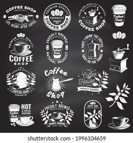 Set of Coffe shop logo, badge template on the chalkboard. Vector. Typography design with coffee grinder and coffee maker silhouette. Template for menu for restaurant, cafe, bar, packaging