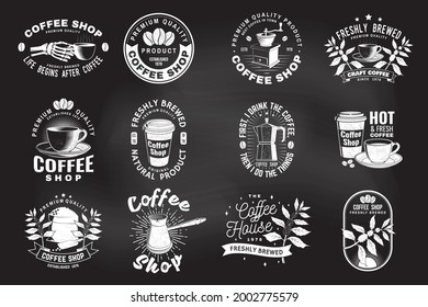 Set of Coffe shop logo, badge template on the chalkboard. Vector. Typography design with coffee grinder and coffee maker silhouette. Template for menu for restaurant, cafe, bar, packaging