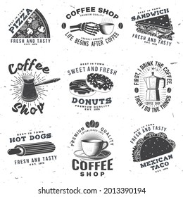 Set of Coffe shop logo and fast food badge. Vector Retro design with hotdog, burger, pizza, coffee cup, branch of coffee tree, skeleton hand silhouette. For menu for restaurant, cafe, bar, packaging