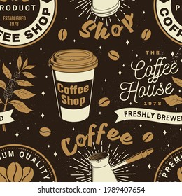 Set of Coffe shop seamless pattern or background. Vector Seamless scene with paper coffee cup, branch of coffee tree, grinder silhouette. Coffee shop background for wallpaper or wrapper.